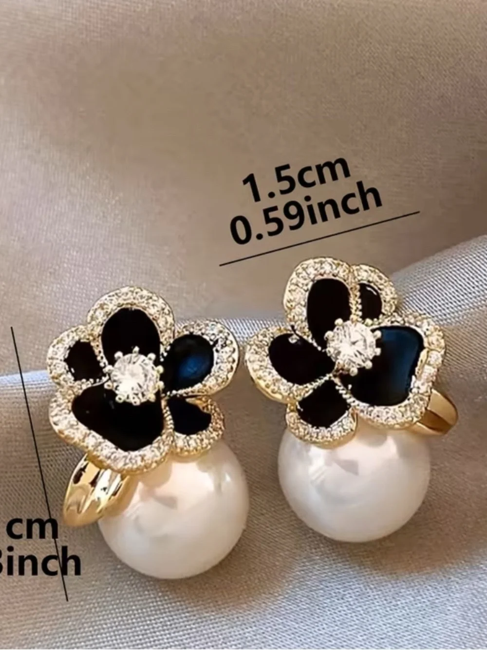 Gold Floral Pearl Drop Earrings with Navy and White Accents